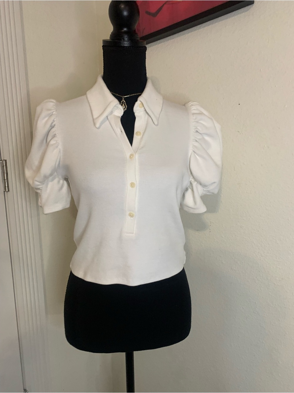 Express White Puff Sleeve Button-Down Polo